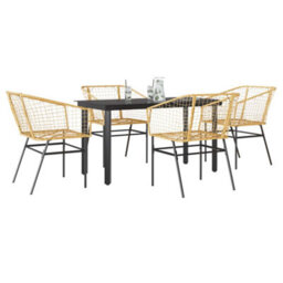 Berkfield 5 Piece Garden Dining Set Brown Poly Rattan Glass