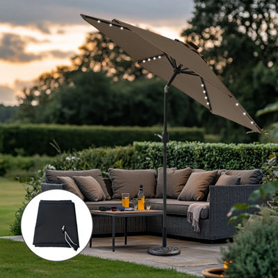 b and q patio umbrellas BLUU BANQUET 12ft Aluminum Umbrella Cantilever Offset Umbrella 60 Month Fade Resistance & UV Protection Outtra Recycled Fabric, 360 Rotation with Aluminum Pole Cross Base (Beige) : Patio, Lawn & Garden Unrivaled in its size and beauty 13-ft Solar Powered Cantilever Patio
