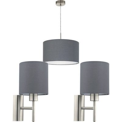 Satin Nickel Ceiling Pendant Light With 2 Matching Wall Sconces - Modern Grey Fabric Shade - image 1