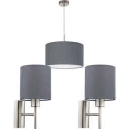 Satin Nickel Ceiling Pendant Light With 2 Matching Wall Sconces - Modern Grey Fabric Shade - thumbnail 1