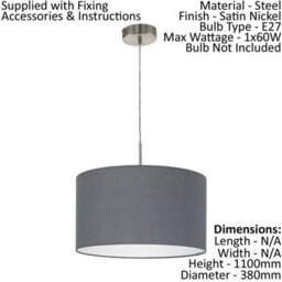 Satin Nickel Ceiling Pendant Light With 2 Matching Wall Sconces - Modern Grey Fabric Shade - thumbnail 2