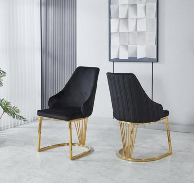 Set Of 2 Modernique Black Velvet Upholstered Dining Chairs With Golden Metal Legs - image 1