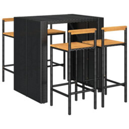 Berkfield 5 Piece Garden Bar Set Black Poly Rattan& Solid Wood Acacia - thumbnail 3