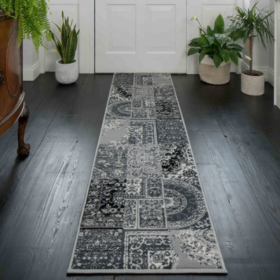 Loomed Black Grey Monochrome Traditional Patchwork Living Room Runner Rug 60X240Cm - image 1
