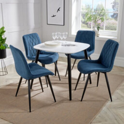 Core Products Aspen White 80Cm Square Dining Table With 4 Blue Cord Fabric Diamond Stitch Design Chairs