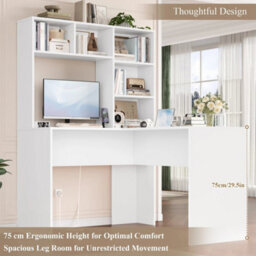White L Shaped Desk With Power Outlet Computer Corner Desk With 5 Open Storage Shelves - thumbnail 3