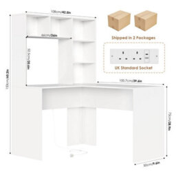 White L Shaped Desk With Power Outlet Computer Corner Desk With 5 Open Storage Shelves - thumbnail 2