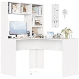 White L Shaped Desk With Power Outlet Computer Corner Desk With 5 Open Storage Shelves - thumbnail 1