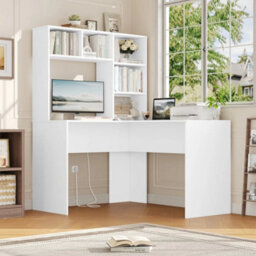 White L Shaped Desk With Power Outlet Computer Corner Desk With 5 Open Storage Shelves - thumbnail 5