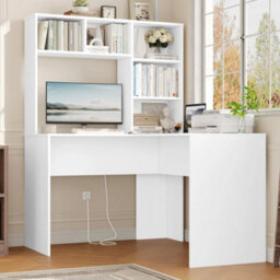 White L Shaped Desk With Power Outlet Computer Corner Desk With 5 Open Storage Shelves - thumbnail 4