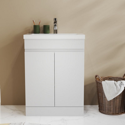 Probaty Bathrooms Vanity Unit Matte White Mdf,600X390X800mm,freestanding,detachable,2 Doors With Ceramic Thick Basin - image 1