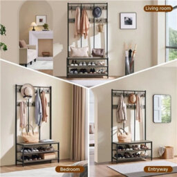 Industrial Large Coat Rack Stand With 24 Hooks And Shoe Bench For Entryway - thumbnail 3