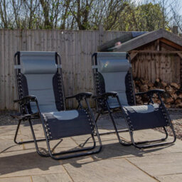 Samuel Alexander Set Of 2 Luxury Padded Multi Position Zero Gravity Garden Relaxer Chair Lounger In Grey & Black - thumbnail 2
