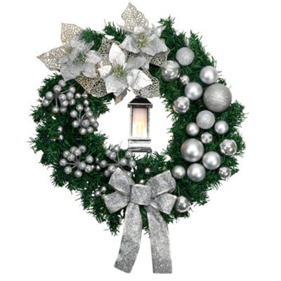 Globrite Christmas Wreath - 40 Cm,silver - With Bows Baubles & Lantern - Front Door Outdoor Christmas Decoration For Home Décor - image 1