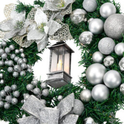 Globrite Christmas Wreath - 40 Cm,silver - With Bows Baubles & Lantern - Front Door Outdoor Christmas Decoration For Home Décor - thumbnail 8