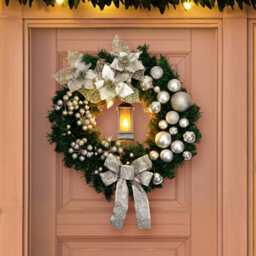 Globrite Christmas Wreath - 40 Cm,silver - With Bows Baubles & Lantern - Front Door Outdoor Christmas Decoration For Home Décor - thumbnail 2