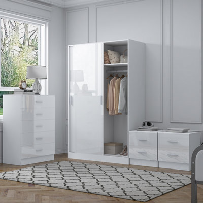 Reflect 2 Door Sliding Wardrobe, 5 Drawer Chest, 2X 2 Drawer Bedsides - White Gloss & Matt White - Modern Bedroom Furniture Set - image 1