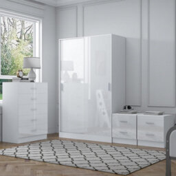 Reflect 2 Door Sliding Wardrobe, 5 Drawer Chest, 2X 2 Drawer Bedsides - White Gloss & Matt White - Modern Bedroom Furniture Set - thumbnail 2