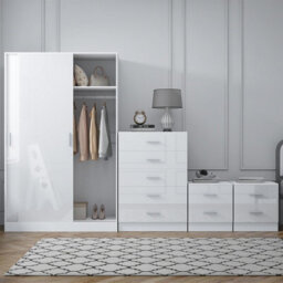 Reflect 2 Door Sliding Wardrobe, 5 Drawer Chest, 2X 2 Drawer Bedsides - White Gloss & Matt White - Modern Bedroom Furniture Set - thumbnail 3