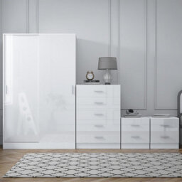 Reflect 2 Door Sliding Wardrobe, 5 Drawer Chest, 2X 2 Drawer Bedsides - White Gloss & Matt White - Modern Bedroom Furniture Set - thumbnail 4
