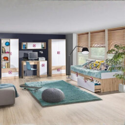 Nico Iii Modern Youth Bedroom Furniture Set Light Oak Front White Grips Pink