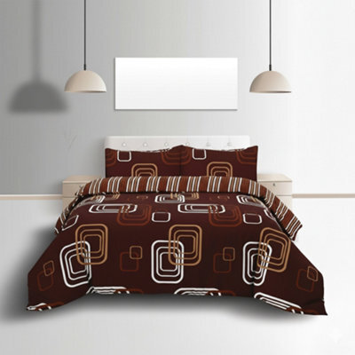 Duvet Cover And Pillowcase Set Geometric Square Design Polycotton Bed Linen Chocolate - image 1