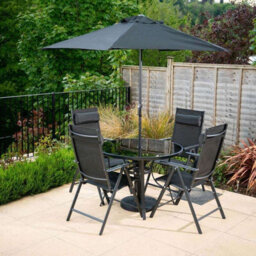 Primrose 4 Seater Dining Set Garden Furniture With Parasol Reclining Chairs Glass Table In Black - thumbnail 3