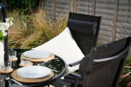 Primrose 4 Seater Dining Set Garden Furniture With Parasol Reclining Chairs Glass Table In Black - thumbnail 7