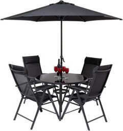 Primrose 4 Seater Dining Set Garden Furniture With Parasol Reclining Chairs Glass Table In Black - thumbnail 2