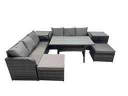 Fimous 8 Seat Outdoor Wicker Pe Rattan Garden Furniture Set Dining Table Sofa Set With 2 Big Stools 2 Side Tables Dark Grey Mixed - thumbnail 1