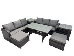 Fimous 8 Seat Outdoor Wicker Pe Rattan Garden Furniture Set Dining Table Sofa Set With 2 Big Stools 2 Side Tables Dark Grey Mixed - thumbnail 2