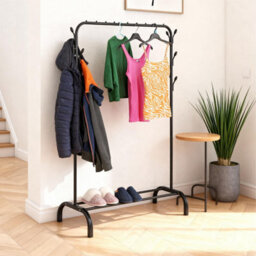 Heavy Duty Clothes Rail Sturdy Metal Garment Rack With 8 Hooks And Bottom Shelf Wardrobe Rail For Bedroom Or Office Black - thumbnail 2