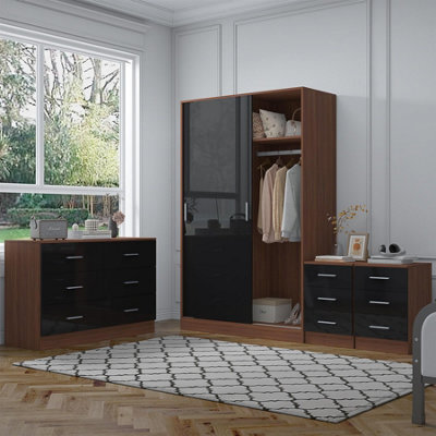 Reflect 2 Door Sliding Wardrobe, 6 Drawer Wide Chest, 2X 3 Drawer Bedsides - Black Gloss & Walnut - Modern Bedroom Furniture Set - image 1