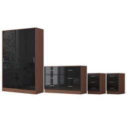 Reflect 2 Door Sliding Wardrobe, 6 Drawer Wide Chest, 2X 3 Drawer Bedsides - Black Gloss & Walnut - Modern Bedroom Furniture Set - thumbnail 5