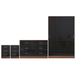 Reflect 2 Door Sliding Wardrobe, 6 Drawer Wide Chest, 2X 3 Drawer Bedsides - Black Gloss & Walnut - Modern Bedroom Furniture Set - thumbnail 6