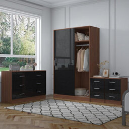 Reflect 2 Door Sliding Wardrobe, 6 Drawer Wide Chest, 2X 3 Drawer Bedsides - Black Gloss & Walnut - Modern Bedroom Furniture Set