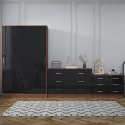 Reflect 2 Door Sliding Wardrobe, 6 Drawer Wide Chest, 2X 3 Drawer Bedsides - Black Gloss & Walnut - Modern Bedroom Furniture Set - thumbnail 4