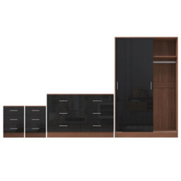 Reflect 2 Door Sliding Wardrobe, 6 Drawer Wide Chest, 2X 3 Drawer Bedsides - Black Gloss & Walnut - Modern Bedroom Furniture Set - thumbnail 7