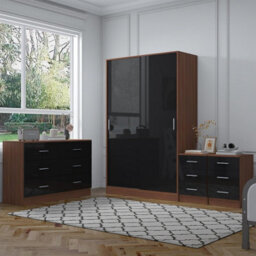 Reflect 2 Door Sliding Wardrobe, 6 Drawer Wide Chest, 2X 3 Drawer Bedsides - Black Gloss & Walnut - Modern Bedroom Furniture Set - thumbnail 2