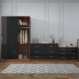 Reflect 2 Door Sliding Wardrobe, 6 Drawer Wide Chest, 2X 3 Drawer Bedsides - Black Gloss & Walnut - Modern Bedroom Furniture Set - thumbnail 3
