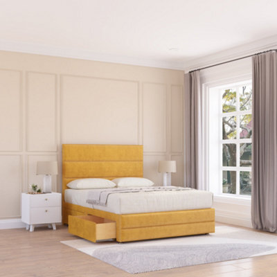 "Sloomy 4Ft6 Monaco Divan Bed Base Mustard Plush ,2 Drawers, 12"" Footboard & 26"" Struts Headboard - Double" - image 1