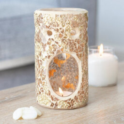 Gold Glass Pillar Shaped Oil, Wax Melt Burner. Mirrored Crackle Effect. H14.5 Cm - thumbnail 1