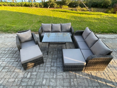 Fimous Rattan Garden Furniture Dining Set 9 Seater Patio Rectangular Table 2 Big Footstool Dark Grey Mixed - image 1
