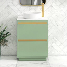 Royal Bathrooms Orion 600mm Mint Sage Floor Standing Plain White Countertop Vanity Unit 2 Drawer With Art Basin & Brushed Brass Accent Trim - thumbnail 1