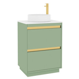 Royal Bathrooms Orion 600mm Mint Sage Floor Standing Plain White Countertop Vanity Unit 2 Drawer With Art Basin & Brushed Brass Accent Trim - thumbnail 6