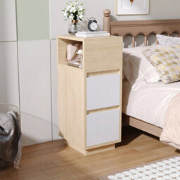 Small Bedside Table Nightstand Narrow 2 Drawers Storage Cabinet W/ Shelf Walnut - thumbnail 3