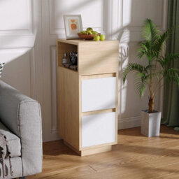 Small Bedside Table Nightstand Narrow 2 Drawers Storage Cabinet W/ Shelf Walnut - thumbnail 6