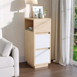 Small Bedside Table Nightstand Narrow 2 Drawers Storage Cabinet W/ Shelf Walnut - thumbnail 4