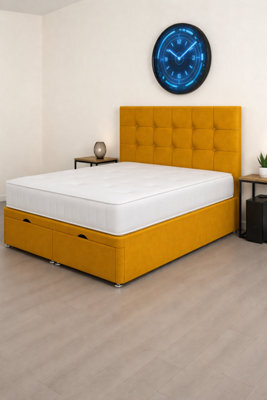 Comfy Deluxe 2Ft6 Small Single Mustard Plush Cube Ottoman Lift Open Storage Bed Set Headboard With Mattress