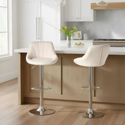 Wyld and Coco Lux Bar Stools Set Of 2 Light Beige Fabric With Silver Iron Base, 360 Swivel, Adjustable Height - thumbnail 2